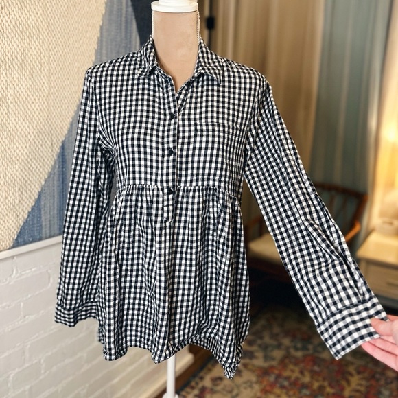 Zara Tops - Zara Denim Collection Gingham Black and White Flowy Collared Shirt